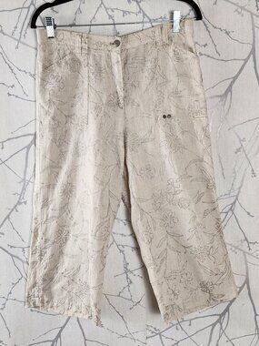 Michele Beige Metallic Silver Floral 100% Linen High Rise Capris
